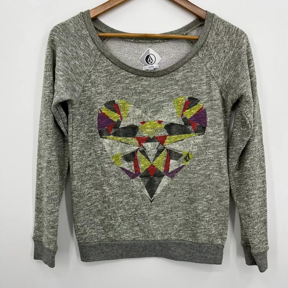Volcom Heartstone Gray Heathered Geometric Heart Graphic Sweatshirt XS